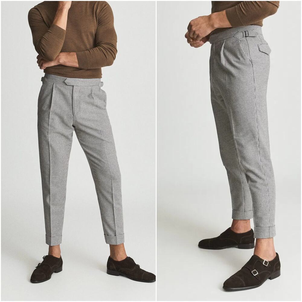 REISS Men's Dutch Pleated Trouser Pants Gray Houndstooth cropped sz 30w